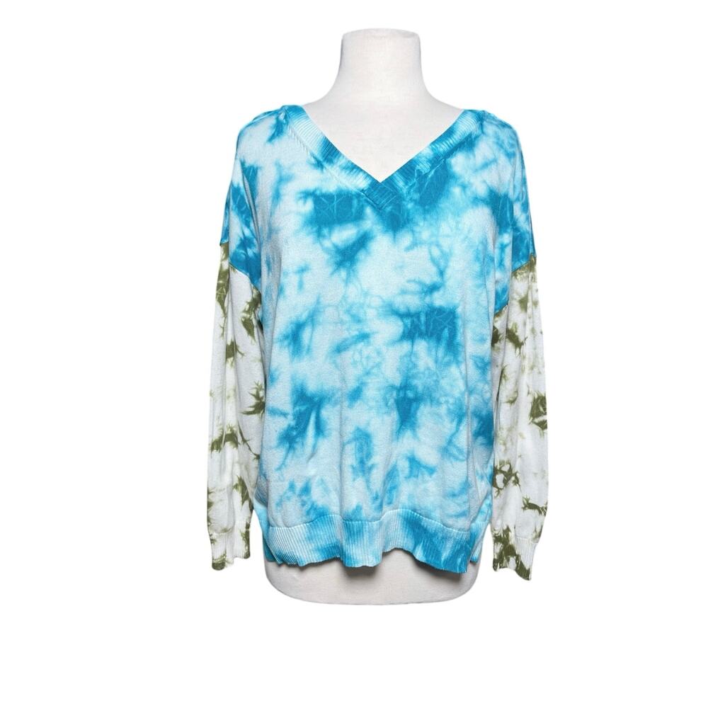 SUNDANCE Women’s Boho Green and Blue Tie Dye Vneck Pullover Sweater